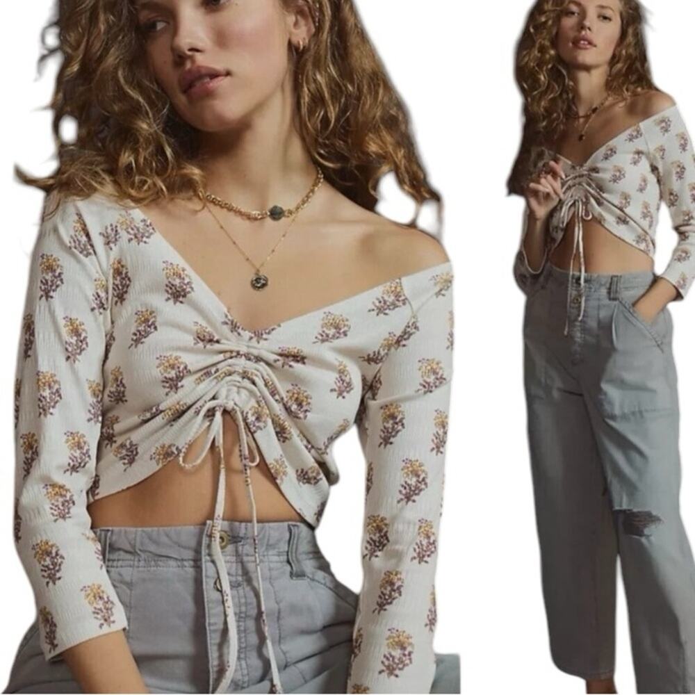 Anthropologie Sabrina Floral Cinched Front Crop Top Cream size small